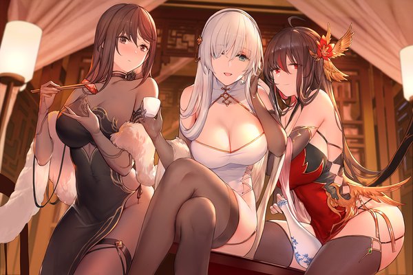 Anime picture 1350x900 with fate (series) fate/grand order fate/empire of dirt yu mei-ren (fate) anastasia (fate) liu xiu (fate/empire of dirt) swd3e2 long hair looking at viewer fringe breasts light erotic hair between eyes red eyes brown hair large breasts sitting bare shoulders multiple girls brown eyes