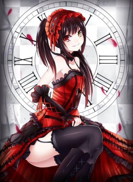 Anime picture 1463x2000 with date a live tokisaki kurumi shiira (nya rl) single long hair tall image looking at viewer light erotic smile red eyes brown hair twintails yellow eyes teeth heterochromia lacing girl thighhighs dress black thighhighs