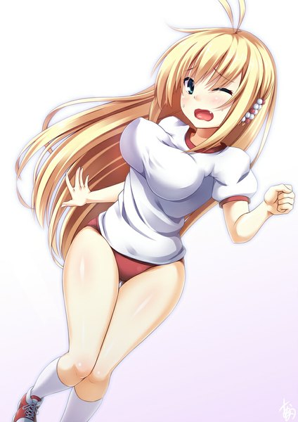 Anime picture 706x1000 with voiceroid tsurumaki maki amau (kosmos) single long hair tall image blush fringe breasts blue eyes light erotic blonde hair large breasts one eye closed wink legs knees touching girl navel uniform