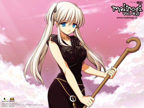 Anime picture 1280x960 with mabinogi nao (mabinogi) blue eyes twintails silver hair wallpaper chinese clothes staff chinese dress