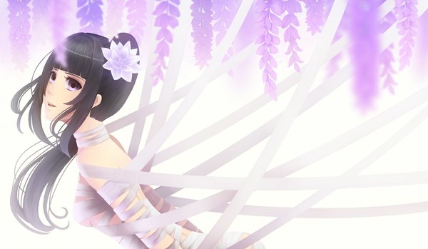 Anime picture 1100x641 with original bounin single long hair black hair wide image purple eyes hair flower girl hair ornament ribbon (ribbons)