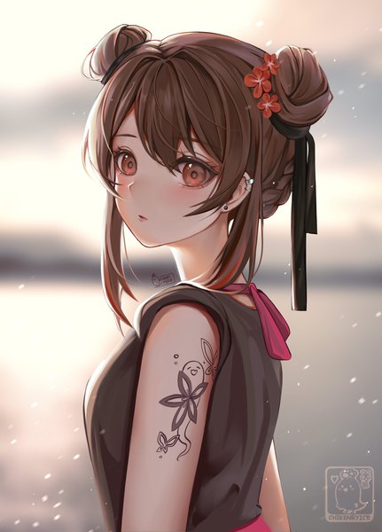 Anime picture 1472x2048 with genshin impact hu tao (genshin impact) chikenryice single tall image blush fringe short hair hair between eyes brown hair standing brown eyes signed payot upper body outdoors braid (braids) hair flower lips blurry