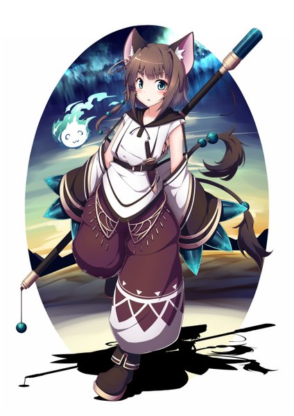 Anime picture 1000x1414 with original ugume tall image looking at viewer fringe short hair open mouth blue eyes brown hair animal ears tail traditional clothes japanese clothes animal tail cat ears cat girl cat tail face paint girl weapon