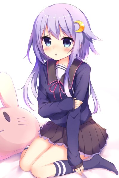 Anime picture 1309x1970 with kantai collection yayoi destroyer ezoshika gg single long hair tall image looking at viewer blush blue eyes simple background white background sitting payot purple hair bent knee (knees) pleated skirt embarrassed kneeling wariza frilly skirt