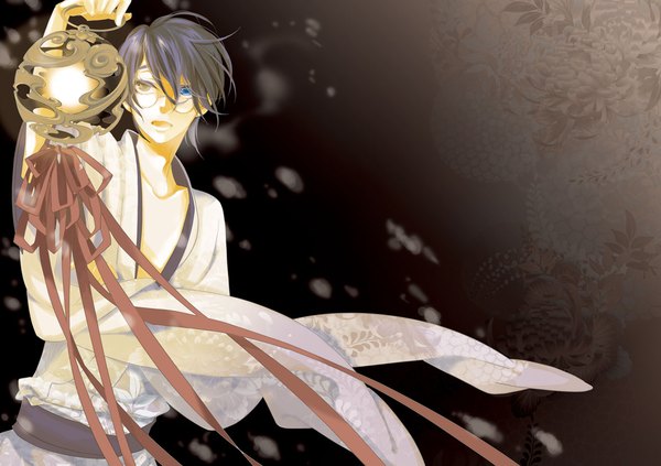 Anime picture 1293x912 with xxxholic clamp watanuki kimihiro kuroi (liar-player) single short hair open mouth blue eyes standing holding yellow eyes looking away purple hair traditional clothes japanese clothes wind heterochromia snowing exhalation boy