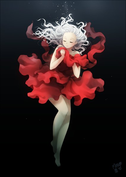 Anime picture 709x1002 with original meago (artist) single long hair tall image simple background bare shoulders holding eyes closed barefoot grey hair sleeveless black background dark background wavy hair girl dress scarf red dress