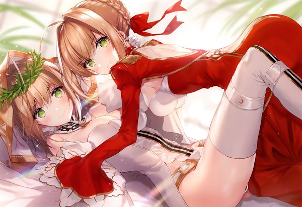 Anime picture 6228x4280 with fate (series) fate/extra fate/extra ccc nero claudius (fate) (all) nero claudius (fate) nero claudius (bride) (fate) necomi (gussan) looking at viewer blush highres short hair breasts light erotic blonde hair smile large breasts bare shoulders multiple girls green eyes payot