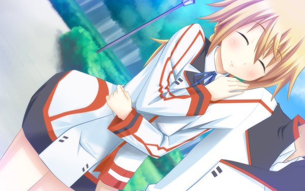 Anime picture 1920x1200 with infinite stratos 8bit charles dunois long hair blush highres blonde hair smile wide image eyes closed girl uniform school uniform