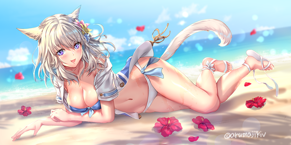 Anime picture 900x450 with final fantasy final fantasy xiv square enix miqo'te aruma jiki single long hair looking at viewer blush fringe breasts open mouth light erotic smile wide image large breasts purple eyes signed animal ears sky