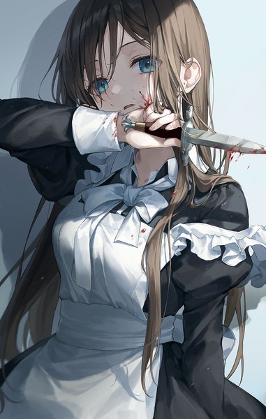 Anime-Bild 1200x1889 mit original r o ha single long hair tall image looking at viewer blush fringe blue eyes brown hair holding upper body long sleeves parted lips head tilt arm up shadow maid puffy sleeves shaded face