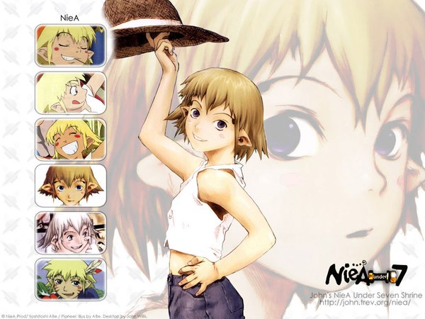 Anime picture 1024x768 with niea 7 niea (niea 7) looking at viewer fringe short hair blonde hair smile bare shoulders holding arm up pointy ears midriff hand on hip multiview girl hat vest