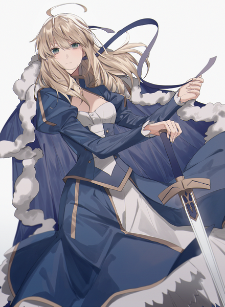 Anime picture 2703x3688 with fate (series) fate/stay night artoria pendragon (all) saber yurumawari single long hair tall image fringe highres simple background blonde hair hair between eyes white background green eyes ahoge puffy sleeves alternate hairstyle hair down girl