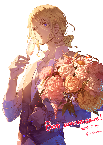 Anime picture 2480x3480 with axis powers hetalia studio deen france (hetalia) kieshi heta single tall image looking at viewer highres short hair blue eyes simple background blonde hair white background signed payot one eye closed wink twitter username dated low ponytail