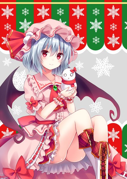 Anime picture 1000x1409 with touhou remilia scarlet kure~pu single tall image looking at viewer blush fringe short hair light erotic red eyes sitting holding silver hair ass light smile puffy sleeves crossed legs bat wings snowflake print
