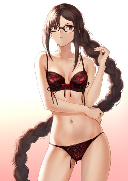 Anime picture 1302x1842 with fate (series) fate/grand order yu mei-ren (fate) mashuu (neko no oyashiro) single tall image looking at viewer fringe breasts light erotic simple background brown hair standing brown eyes payot cleavage braid (braids) very long hair hand on hip underwear only
