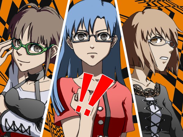 Anime picture 1024x768 with idolmaster persona 4 persona kisaragi chihaya hagiwara yukiho akizuki ritsuko parody punkish gothic glasses cut-in zearthp