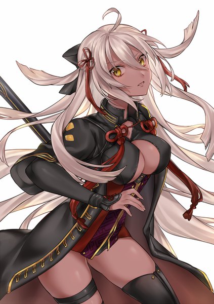 Anime picture 705x1000 with fate (series) fate/grand order okita souji (fate) (all) okita souji alter (fate) shiao single long hair tall image looking at viewer fringe breasts light erotic simple background hair between eyes white background yellow eyes ahoge grey hair dark skin half updo