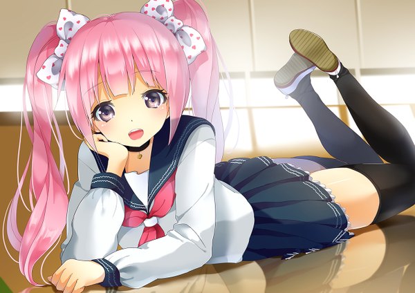 Anime picture 1273x900 with original noda shuha single long hair open mouth twintails brown eyes pink hair lying girl thighhighs skirt uniform bow black thighhighs hair bow serafuku