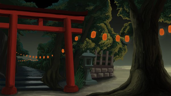 Anime picture 1920x1080 with original morigoro highres wide image no people plant (plants) tree (trees) lantern stairs torii