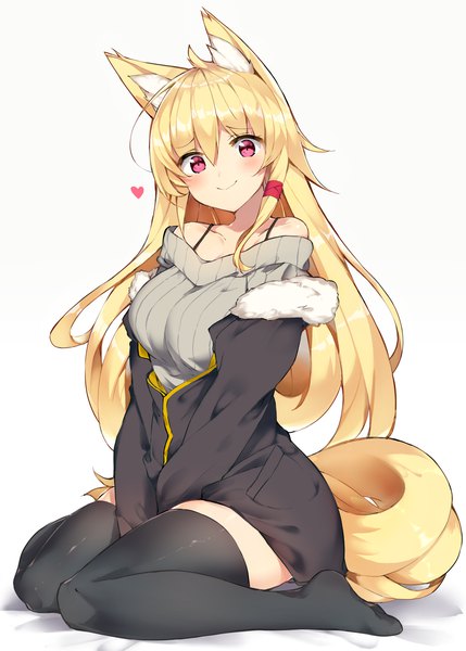 Anime picture 1000x1397 with original haruyuki (yukichasoba) single long hair tall image looking at viewer blush fringe breasts simple background blonde hair smile hair between eyes red eyes white background sitting animal ears full body ahoge tail