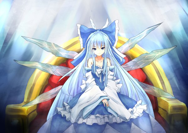 Anime picture 2104x1488 with touhou cirno zzbye (artist) single highres short hair blue eyes sitting blue hair girl dress bow hair bow detached sleeves ice