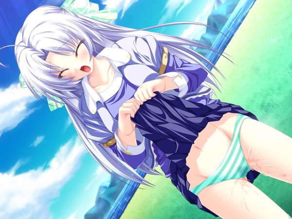 Anime picture 1600x1200 with magus tale whirlpool (studio) alicia infans tenmaso long hair blush open mouth light erotic blue hair game cg sky cloud (clouds) ahoge eyes closed wet skirt lift girl navel underwear panties