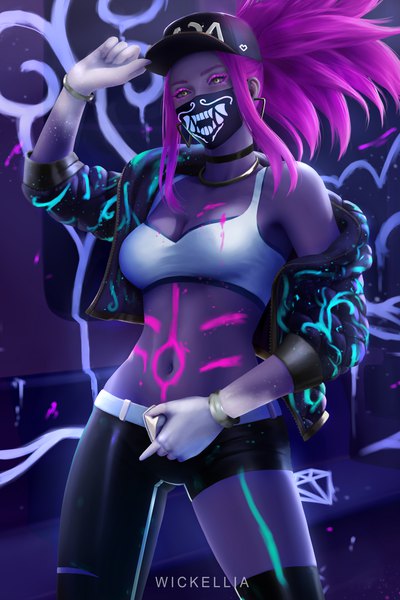 Anime picture 4000x6000 with league of legends k/da (league of legends) akali (league of legends) k/da akali wickellia single long hair tall image highres breasts light erotic standing signed yellow eyes payot pink hair absurdres cleavage ponytail parted lips