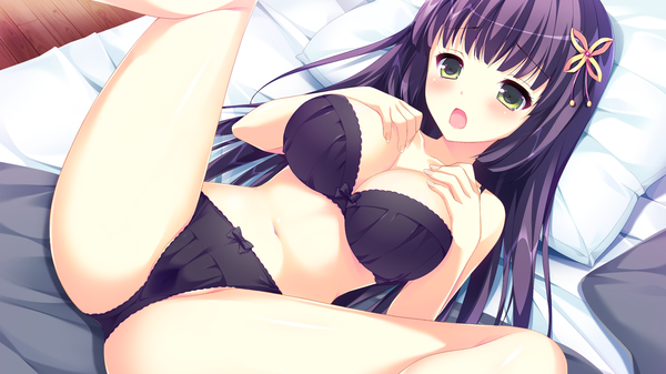 Anime picture 2048x1152 with panical confusion kuroki ayame shiwasu horio single long hair blush fringe highres breasts open mouth light erotic wide image large breasts bare shoulders green eyes purple hair lying bare legs bare belly on back