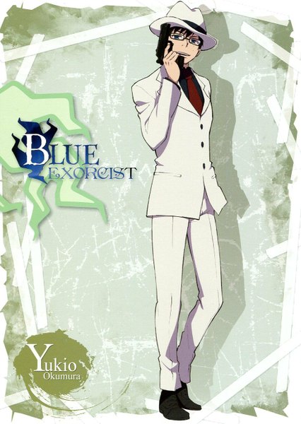 Anime picture 980x1379 with ao no exorcist a-1 pictures okumura yukio single tall image short hair black hair simple background smile standing aqua eyes green background boy weapon hat shirt glasses necktie gun pants