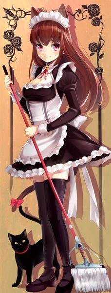 Anime picture 967x2541 with original pn216 long hair tall image looking at viewer blush fringe smile brown hair standing holding animal ears yellow eyes tail animal tail pink eyes cat ears maid cat girl cat tail