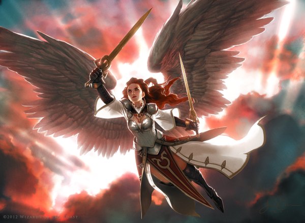 Anime picture 1200x877 with magic: the gathering jason chan single long hair cloud (clouds) red hair flying angel wings silver eyes girl dress gloves weapon sword wings boots armor thigh boots armored dress