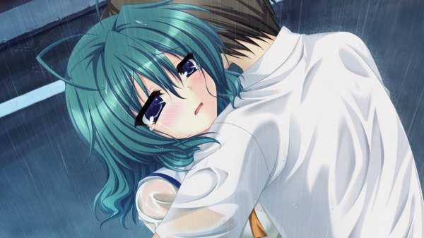 Anime picture 1280x720 with mashiro summer misaki mio ikura nagisa blush short hair wide image purple eyes game cg green hair tears rain girl boy