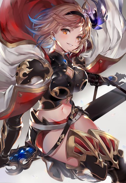 Anime picture 1084x1576 with granblue fantasy gita (granblue fantasy) hinahino single tall image looking at viewer blush fringe short hair breasts light erotic blonde hair smile large breasts holding brown eyes ahoge midriff cleavage cutout sheathed