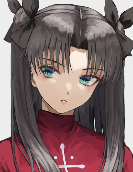 Anime picture 782x1011 with fate (series) fate/stay night toosaka rin fagi (kakikaki) single long hair tall image fringe black hair simple background looking away upper body parted lips aqua eyes grey background two side up portrait girl ribbon (ribbons) hair ribbon