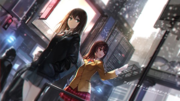 Anime picture 1512x850 with idolmaster idolmaster cinderella girls shibuya rin shimamura uzuki swd3e2 long hair looking at viewer open mouth brown hair wide image multiple girls green eyes looking away pleated skirt inscription city plaid skirt hands in pockets girl skirt