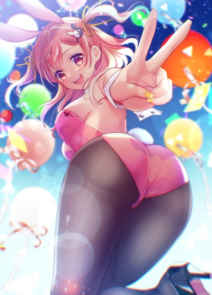 Anime picture 1134x1577 with bang dream! hiromachi nanami tsurugi hikaru single long hair tall image looking at viewer blush fringe breasts open mouth light erotic blonde hair smile hair between eyes red eyes large breasts standing animal ears payot