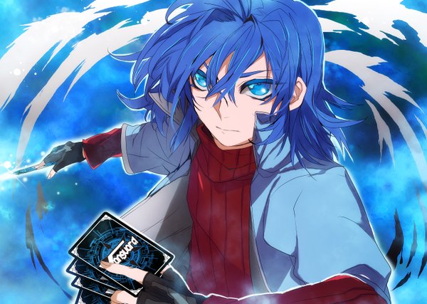 Anime picture 1438x1024 with cardfight!! vanguard sendo aichi wonagi single looking at viewer short hair blue eyes blue hair boy gloves fingerless gloves sweater card (cards)