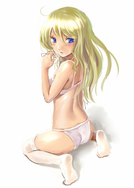 Anime picture 642x900 with original katahira masashi single long hair tall image looking at viewer blush blue eyes light erotic simple background blonde hair white background ass no shoes underwear only kneeling sketch girl thighhighs underwear
