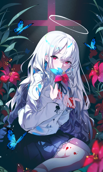 Anime picture 1800x3000 with original w (w64851564) single long hair tall image looking at viewer fringe highres hair between eyes red eyes sitting white hair wariza covered mouth girl flower (flowers) shirt white shirt insect butterfly