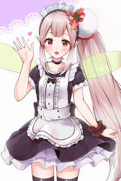Anime picture 863x1280 with virtual youtuber nijisanji elu (nijisanji) racchi. single long hair tall image looking at viewer fringe open mouth simple background brown hair standing payot arm up hair flower pointy ears short sleeves maid alternate costume