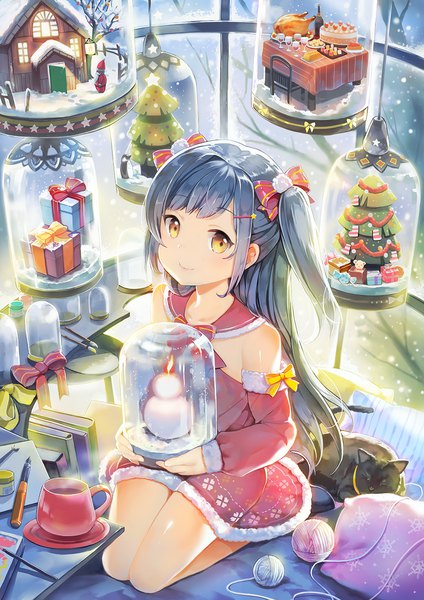 Anime picture 1000x1415 with original santa claus sibyl single long hair tall image looking at viewer bare shoulders yellow eyes blue hair two side up christmas girl dress bow hair bow detached sleeves animal cat gift