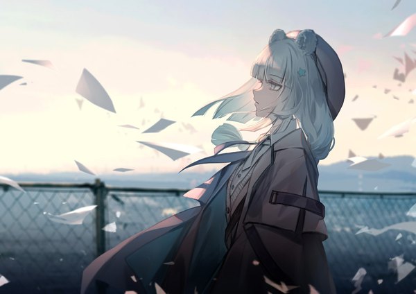 Anime picture 1000x707 with arknights istina (arknights) skade single long hair fringe animal ears looking away sky silver hair outdoors blunt bangs profile wind bear ears girl beret paper fence chain-link fence