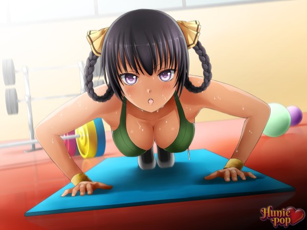 Anime picture 2400x1800 with hunie pop kyanna delrio ninamo single long hair blush highres breasts open mouth light erotic black hair braid (braids) pink eyes inscription :o sweat copyright name push-ups girl bow