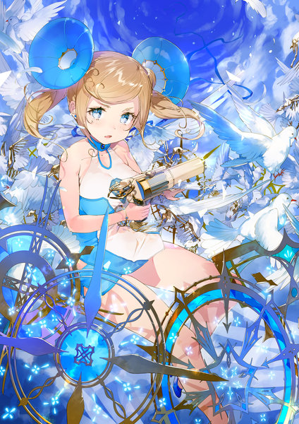Anime picture 1447x2046 with original tonito single long hair tall image looking at viewer breasts blue eyes light erotic blonde hair large breasts twintails bare shoulders payot sky cloud (clouds) girl dress hair ornament weapon