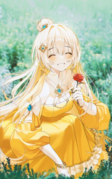 Anime picture 1500x2389 with grimlight belle (grimlight) kinty single long hair tall image looking at viewer blush fringe breasts blonde hair smile hair between eyes bare shoulders holding outdoors eyes closed blurry hair bun (hair buns) depth of field