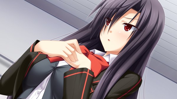 Anime picture 1024x576 with soukoku no arterial long hair black hair red eyes wide image game cg girl uniform school uniform bowtie