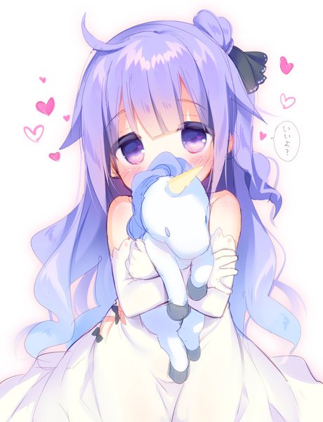 Anime picture 717x934 with azur lane unicorn (azur lane) piyodera mucha single long hair tall image blush fringe white background purple eyes purple hair ahoge text covered mouth cute question girl dress gloves elbow gloves