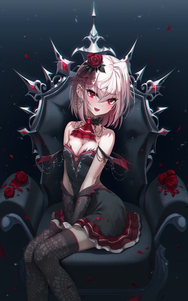 Anime picture 878x1400 with original kira (kira78718520) single tall image looking at viewer blush fringe short hair breasts open mouth light erotic smile hair between eyes red eyes sitting bare shoulders pink hair cleavage head tilt :d