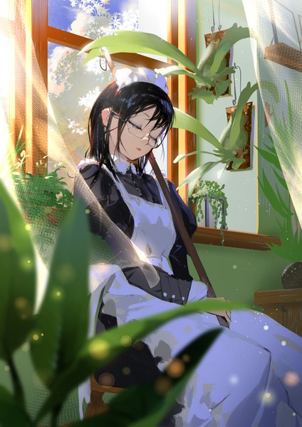 Anime picture 1767x2500 with original ryota-h single long hair tall image fringe highres black hair hair between eyes sitting holding payot sky cloud (clouds) indoors eyes closed long sleeves blurry maid depth of field