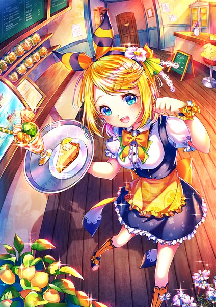 Anime picture 800x1132 with vocaloid sanrio kagamine rin pompompurin p@nda single tall image looking at viewer blush short hair blue eyes blonde hair from above sparkle underbust waitress food print lemon print girl flower (flowers)